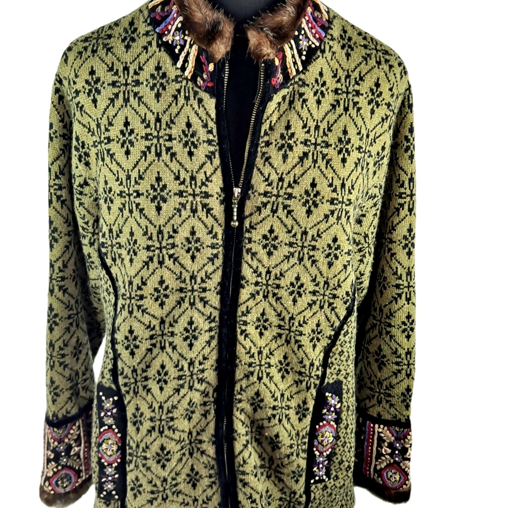 ICELANDIC DESIGNS 100% Wool Lined Full Zip Long Sleeve Sweater Jacket Size Large